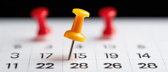 Calendar event reminder with colorful pushpins office desk setup close-up photography professional environment creative concept for effective time management