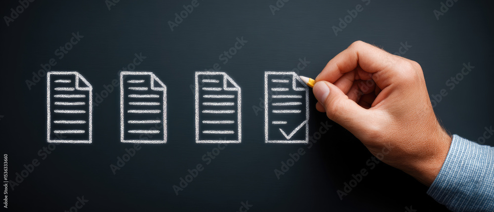Aufkleber document review process at office business workspace visual content organized environment close-up p