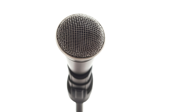 High-resolution professional microphone isolated on transparent background, PNG cutout ideal for podcasting, radio broadcasting, music recording, voiceover, and audio production design projects