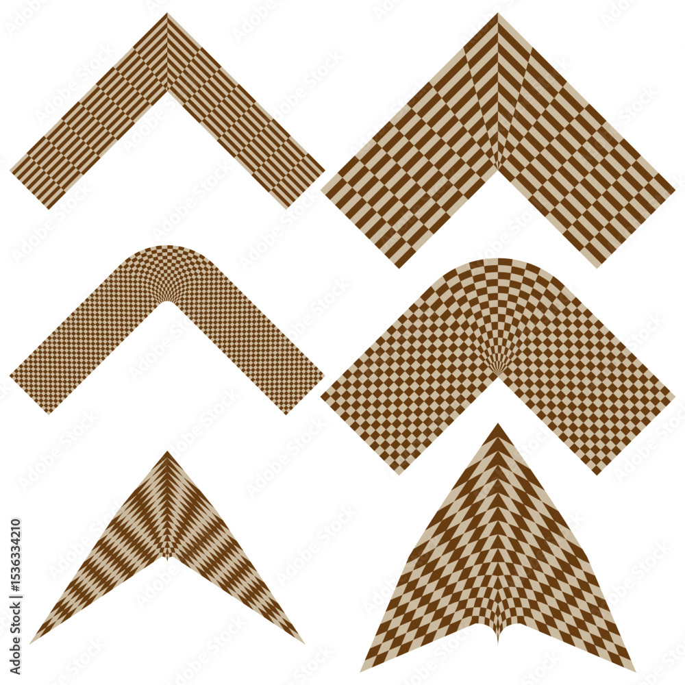 Aufkleber arrow shapes down. check mark figures. brown vector symbols. geometric pointer elements.