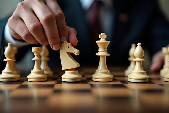 A Strategic Chessboard Scene Featuring Inflation, Employment, and Growth as Chess Pieces, with Jerome Powell Making a Decisive Move During the FOMC Meeting. AI-generated