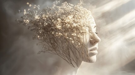 Nature's Embrace: Woman's Face Merging with Floral Elements