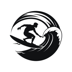 Surfer Silhouette Logo Riding Wave | Black and White Surf Design