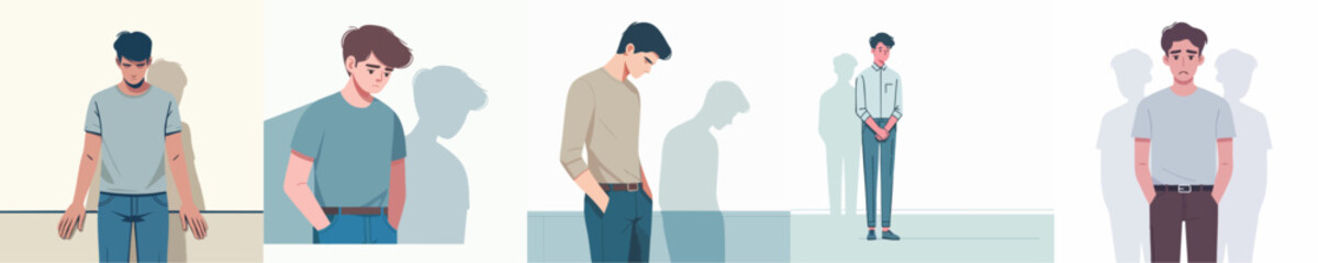 Sad Lonely Man Standing in Silence – Flat Vector Illustration Set