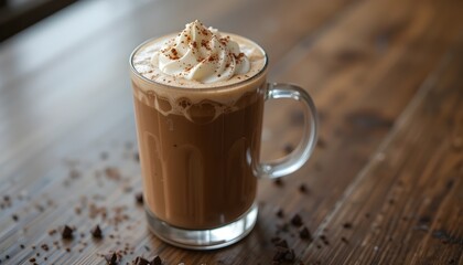 Creamy Milk Chocolate Drink – A Refreshing Homemade Iced Chocolate Cappuccino Topped with Fluffy Whipped Cream, Served in a Clear Glass on a Rustic Wooden Table. This Delicious Beverage Combines 