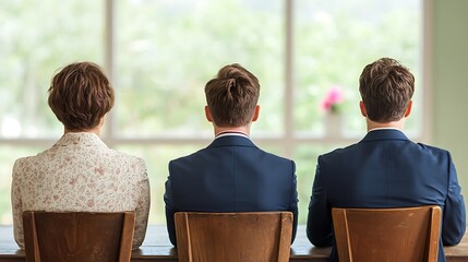 Three individuals seated backs to camera waiting near a window Businesspeople contemplating future prospects