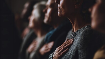 A solemn group honoring a moment of silence with hands over hearts showcasing respect and unity in a heartfelt gathering