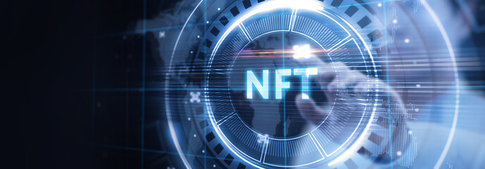 NFT Non-fungible token digital crypto on virtual screen.
