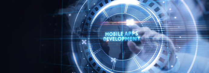 Inscription MOBILE APPS DEVELOPMENT on the virtual display. Cloud technology concept.