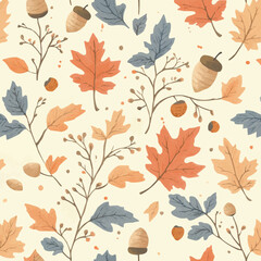 Obraz premium Elegant Repeating Autumn Leaf Pattern with Acorns and Twigs