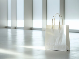 A white shopping bag positioned on a polished floor, bathed in soft natural lighting that streams in from large windows.