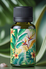The image features a stylish amber glass bottle of essential oil, set against a lush tropical backdrop.