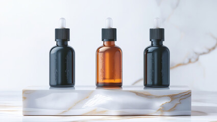 Three glass dropper bottles, arranged on a sleek marble base.