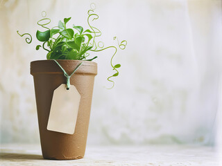 An aesthetically pleasing indoor scene featuring a terracotta pot filled with lush, curly green plant life.