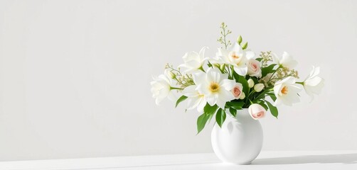 Elegant white floral arrangement in minimalist white vase, clean white background, texture, minimalist