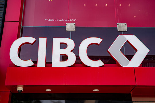 Exterior view of CIBC (Canadian Imperial Bank of Commerce) bank branch in Toronto. Toronto, Canada - June 15, 2025.