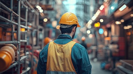 Worker in safety gear walks away, blurred background