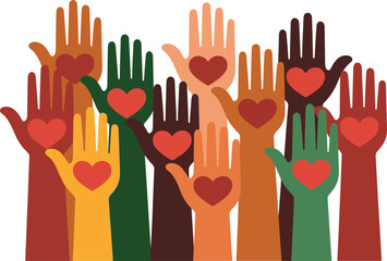 Fototapeta premium Raised hands in diverse skin tones with hearts for unity, love and equality Juneteenth themed illustration 