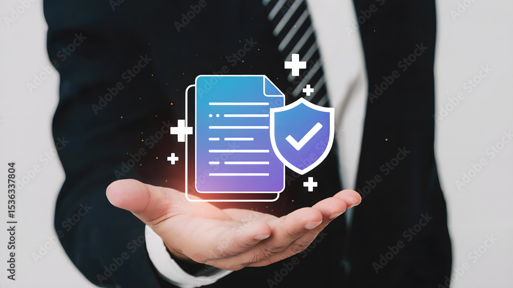 Aufkleber secure data protection concept a businessman displays a digital document with a protective shield si