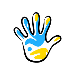 Obraz premium Colorful handprint painted with bright blue and yellow finger paints. Handprint art created with vibrant colors perfect for kids crafts.