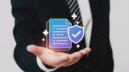 Secure Data Protection Concept A businessman displays a digital document with a protective shield signifying secure data management, privacy, and online safety for business and technology.