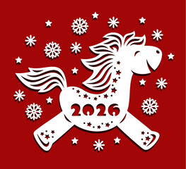 Cute funny horse. Symbol of Chinese New Year 2026. White pony on red background with snowflakes.Template for plotter laser cutting of paper, fretwork, wood carving, metal engraving, cnc. Vector image.