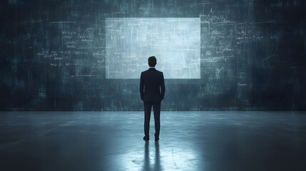 Businessman Facing Wall with Equations - Problem Solving, Strategy, and Innovation Concept