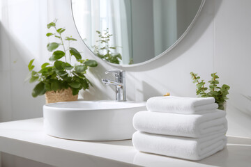 Bright bathroom sink area with green plants and folded towels on counter