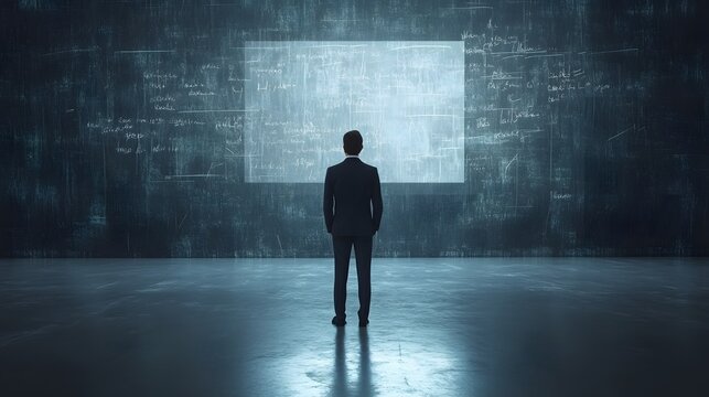 Businessman Facing Wall with Equations - Problem Solving, Strategy, and Innovation Concept - Powered by Adobe