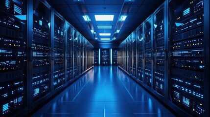 Fototapeta premium Realistic Long Server Room Data Center IT Infrastructure Illustration