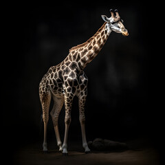 Obraz premium A full-body giraffe stands tall against a deep black background, its unique patterns highlighted in a studio setting.