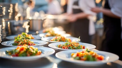 A vibrant outdoor dining scene showcasing beautifully plated gourmet salads being prepared in a bustling kitchen