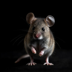 A full-body mouse stands small and alert on a black background, captured with intricate detail in a studio shot.