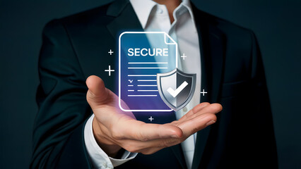 A businessman confidently presents a secure digital document protected by a shield showcasing data protection cybersecurity and online safety measures for business and technology.