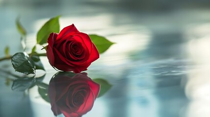 A single red rose placed delicately on a reflective glass surface with soft lighting