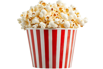 High-resolution red-and-white striped popcorn bucket brimming with fluffy kernels, isolated on transparent background PNG cut-out ideal for cinema snack icons and movie-theater menus