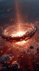 A planet shatters in a massive fiery explosion, with glowing debris drifting through the darkness of space. Cosmic chaos and apocalyptic energy fill the scene.

