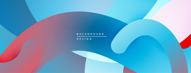 Abstract fluid shapes, blue hues dominate. Red, white accents create dynamic composition. Modern design element.