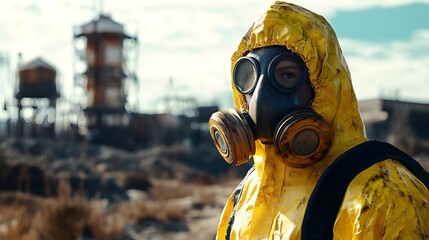 Person in Hazmat Suit in Post-Apocalyptic Landscape: Environmental Hazard
