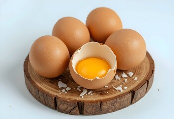 raw brown eggs on a wooden plate with yolk