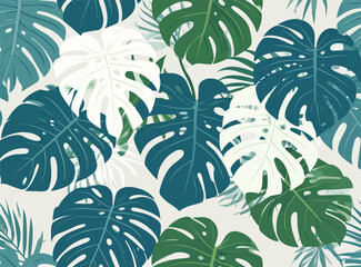 Tropical monstera leaf pattern design with various shades of green and white