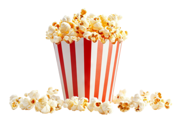 High-resolution red-and-white striped popcorn bucket brimming with fluffy kernels, isolated on transparent background PNG cut-out ideal for cinema snack icons and movie-theater menus