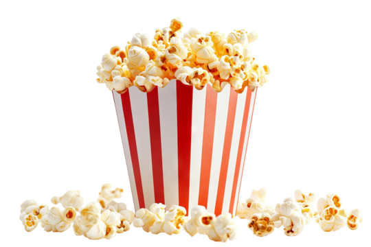 High-resolution red-and-white striped popcorn bucket brimming with fluffy kernels, isolated on transparent background PNG cut-out ideal for cinema snack icons and movie-theater menus