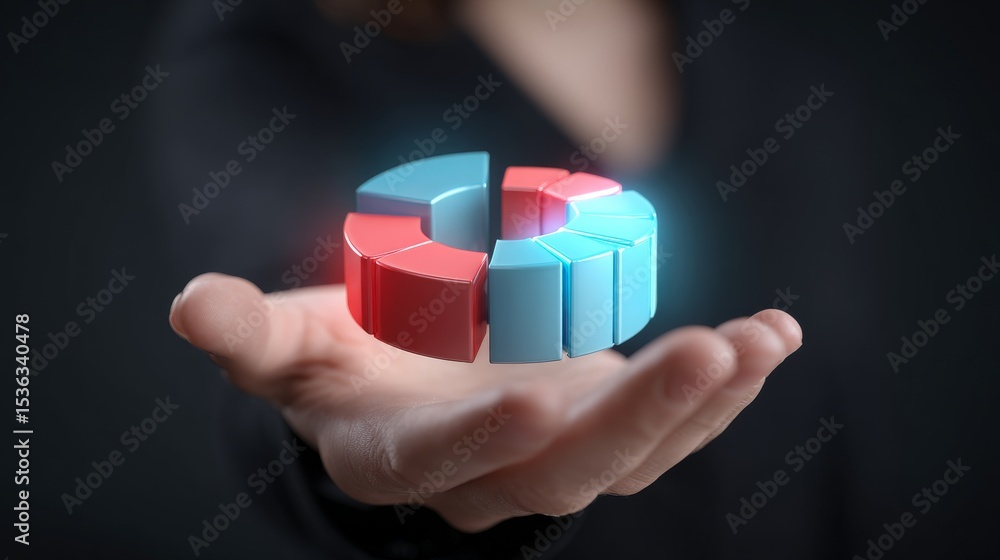 Poster an abstract representation of data analysis with colorful 3d pie charts in hand.