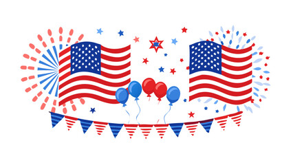 Patriotic American Flag Design with Fireworks and Decorations for Fourth of July