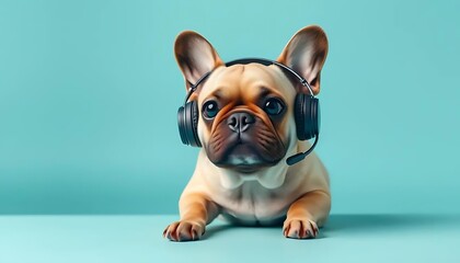 Cute french bulldog wearing headset customer service support agent call center dog on blue background