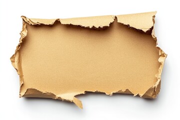 Torn cardboard isolated on a white background, flat lay. Golden ripped paper with a shadow.