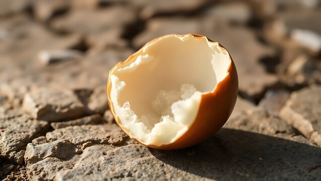 Close-up of cracked century egg shell revealing crystalized patterns, placed on rustic stone surface, focused food texture, soft natural light