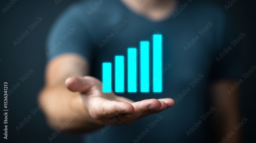 Poster hand holding a graphical growth indicator showing increasing progress and success.