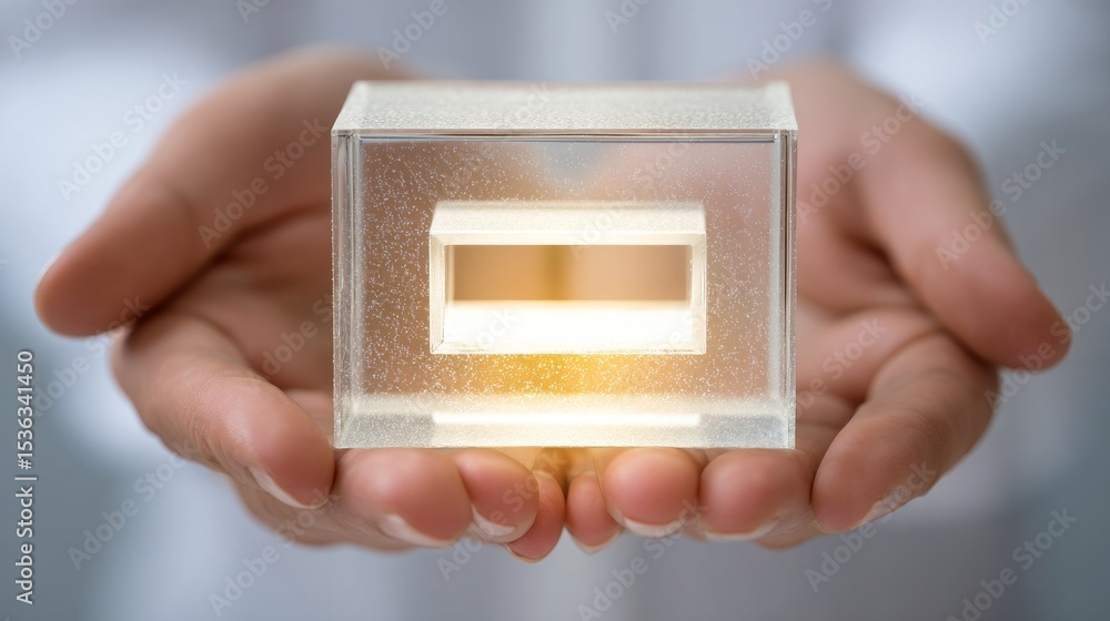 Poster hands holding a glowing rectangular device in a transparent enclosure.